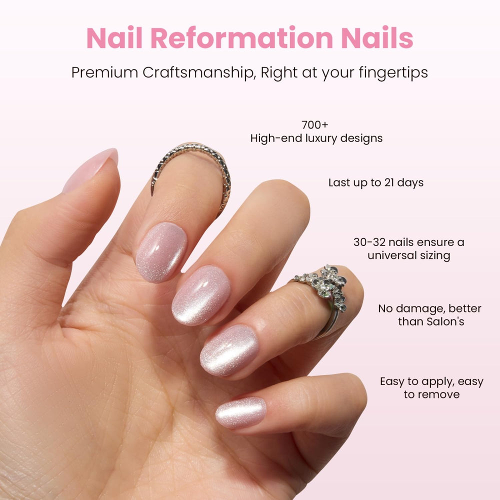 Nail Reformation shimmer finish close-up highlighting subtle sheen and durability