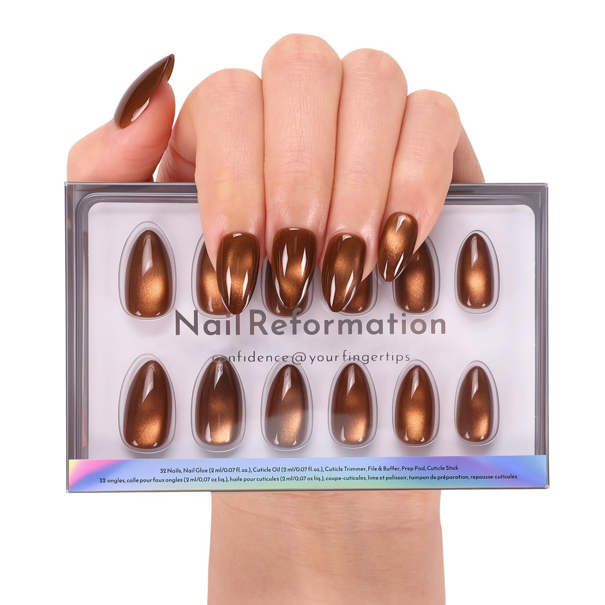 Nail Reformation front packaging showing brown velour short almond nails and kit