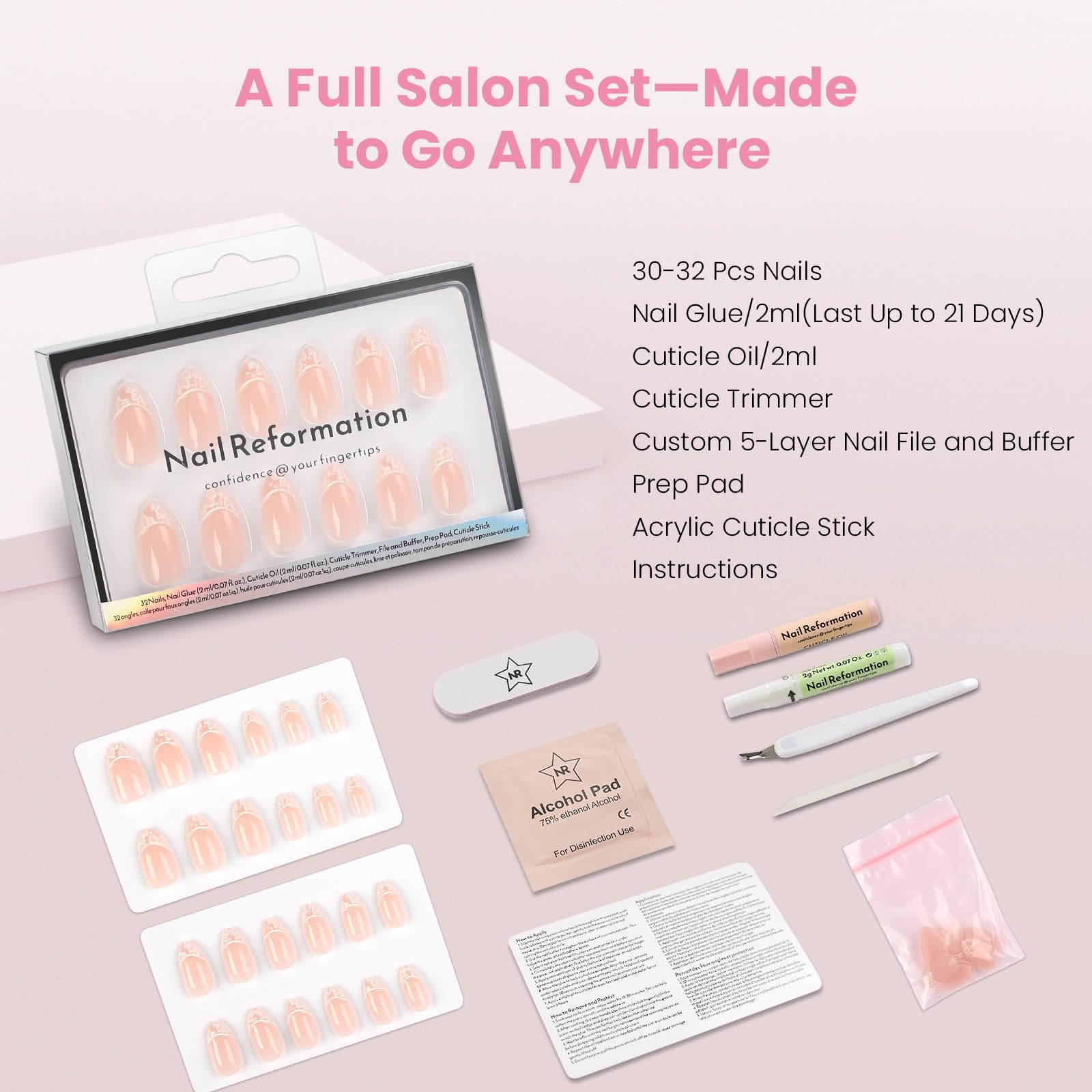 Nail Reformation nails held next to fingers to show short almond scale