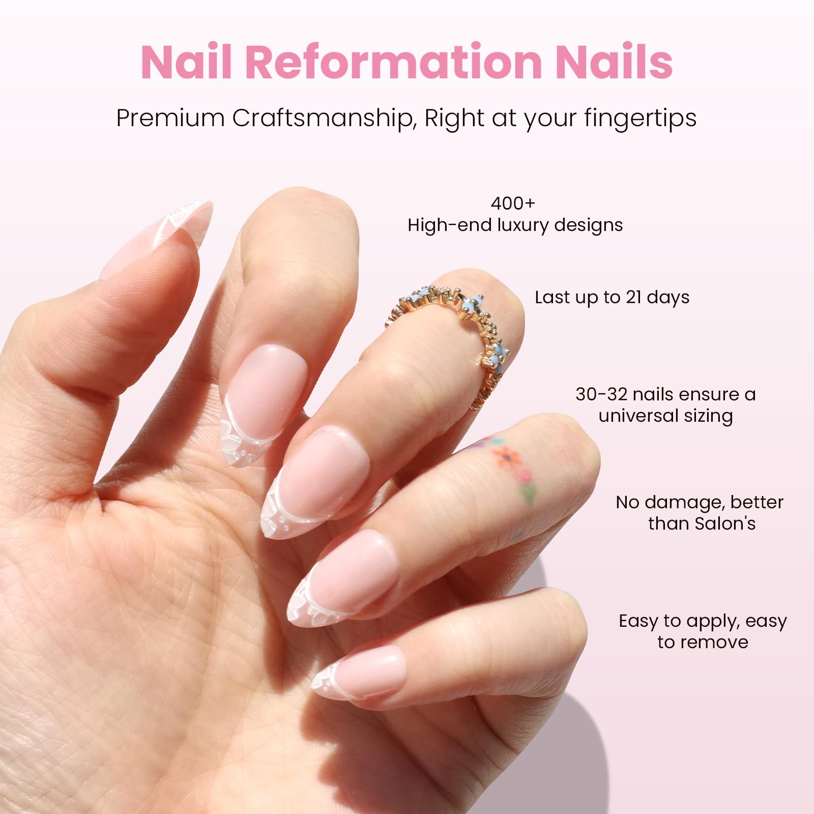 Close-up of single Nail Reformation press-on revealing lace detail and durability