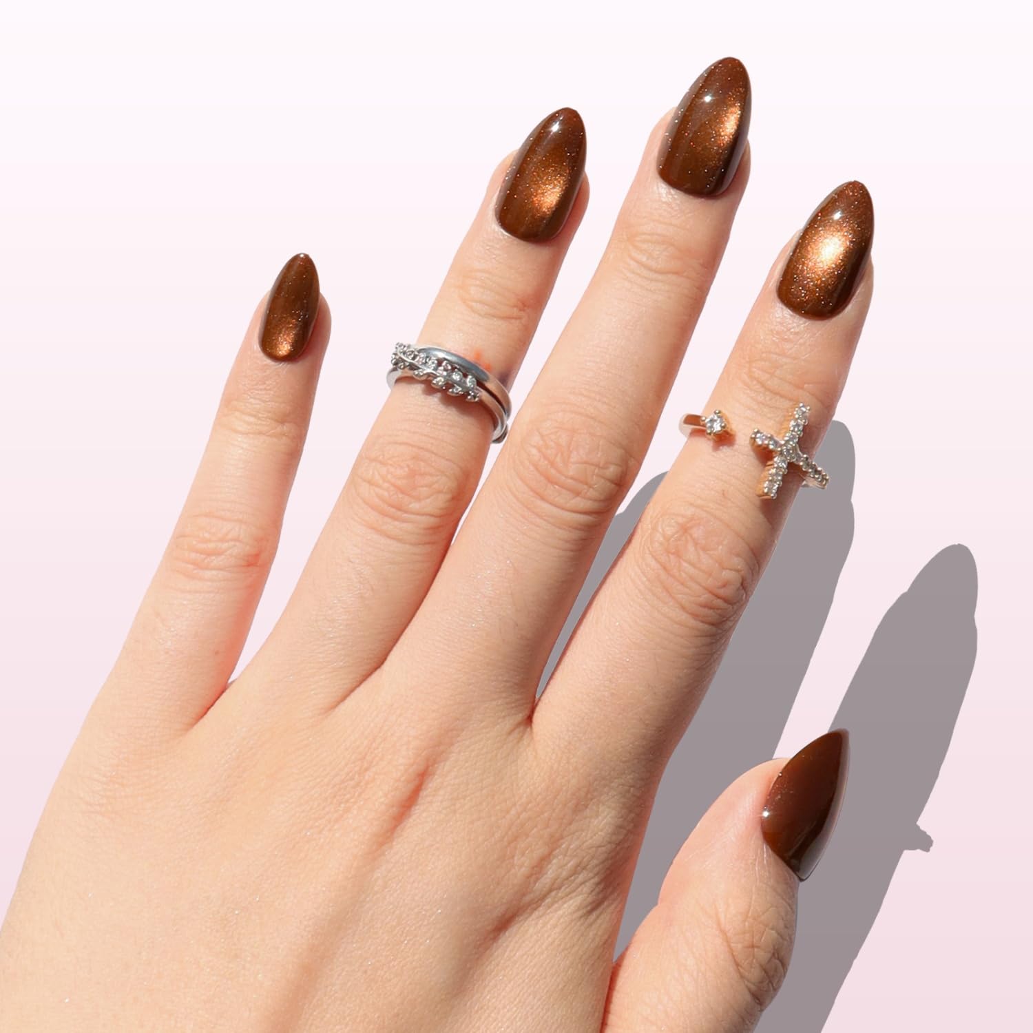 Nail Reformation demo on hand displaying almond shape for instant polished look