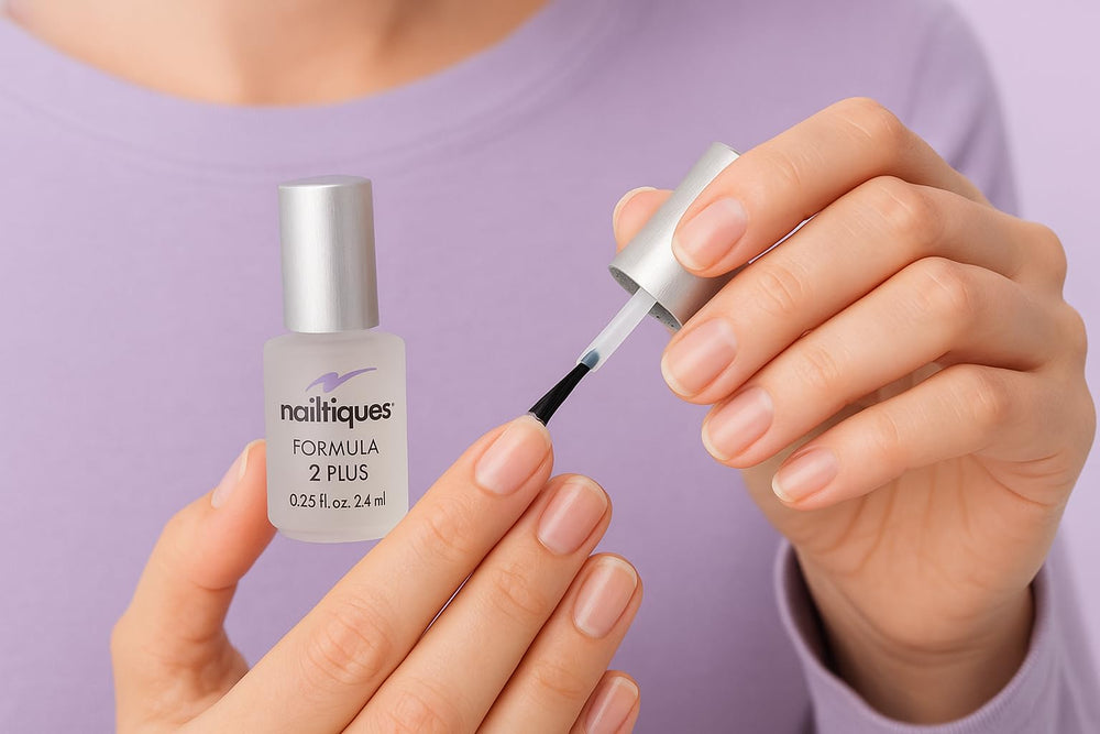 Nailtiques Formula 2 Plus on vanity with tools showing salon-quality at-home care