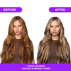 naissant mask applied to blonde hair in hands to demonstrate even toning action