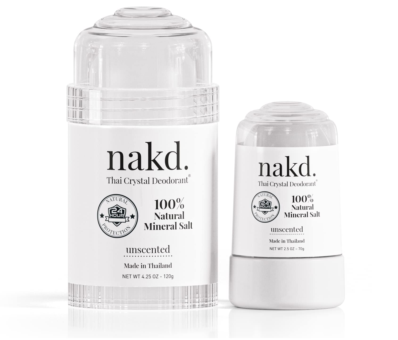 nakd. front packaging showing full-size and travel deodorant for easy identification