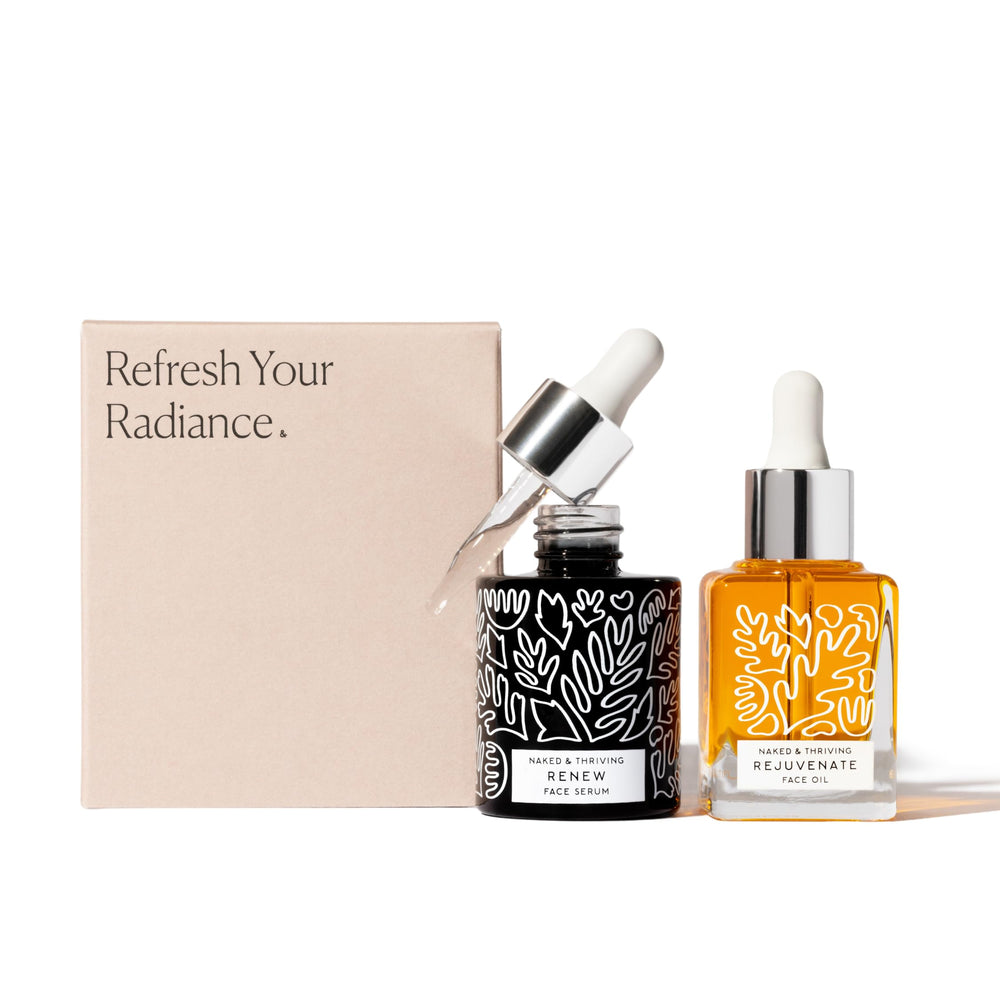 Naked & Thriving Renew serum pump up close illustrating easy application and precision