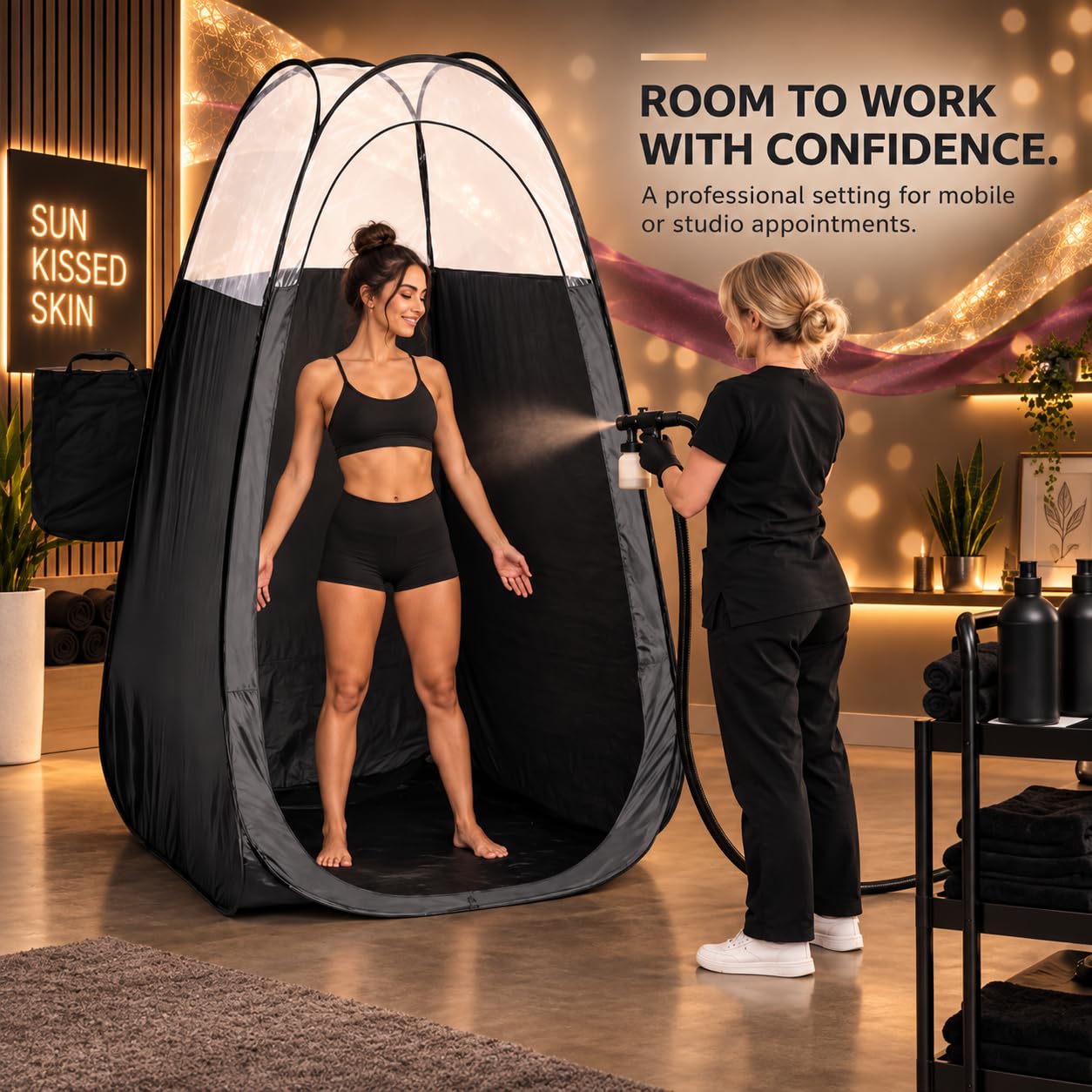 Naked Sun interior space with tall clearance providing comfortable full-body coverage