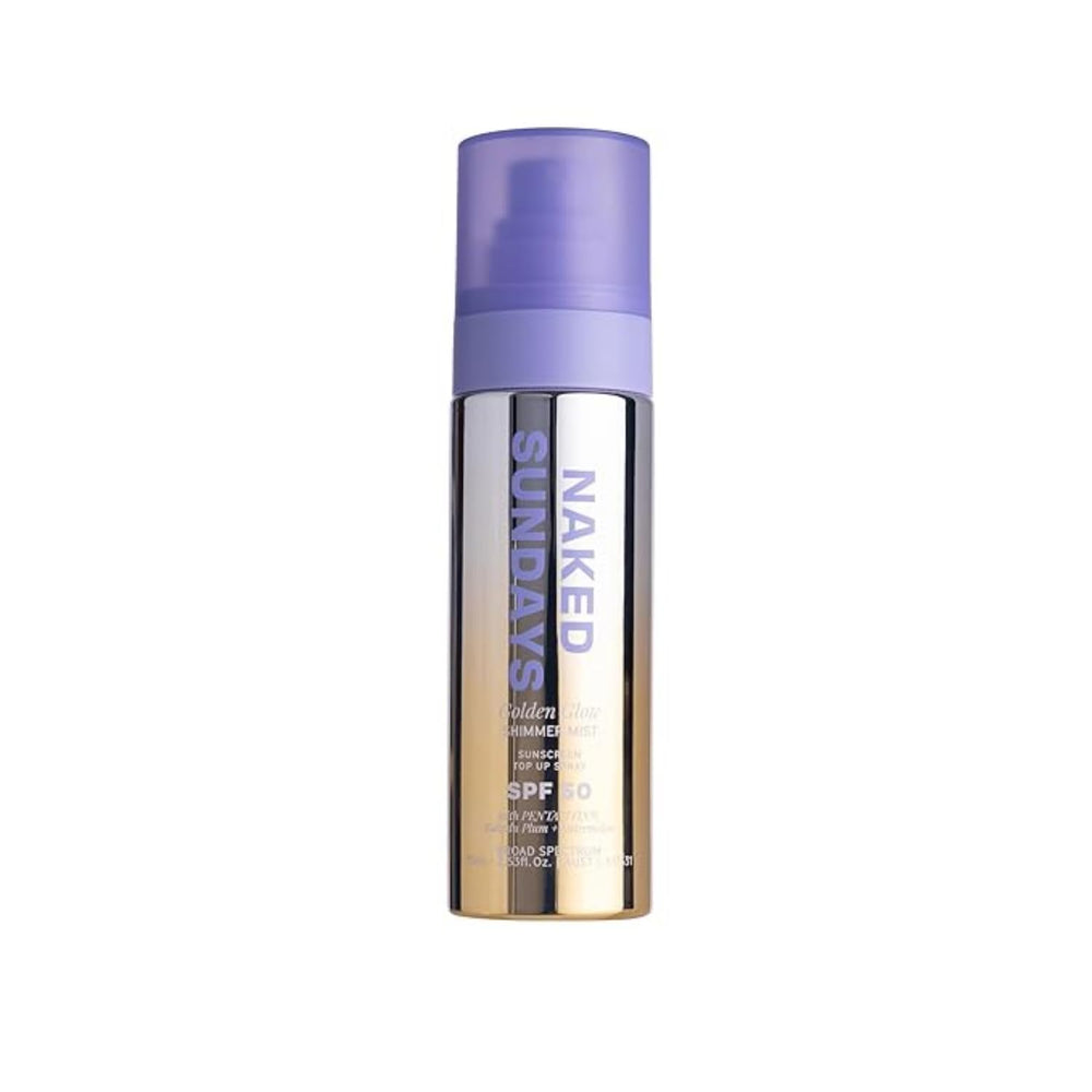 Naked Sundays bottle front view showing SPF50 and golden glow benefits