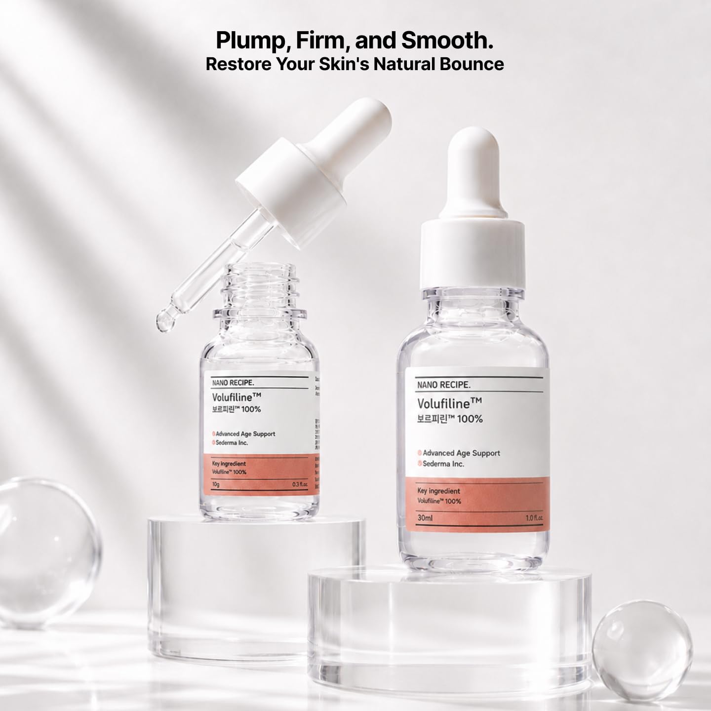 Nano Recipe dropper closeup dispensing a precise plumping concentrate for controlled use