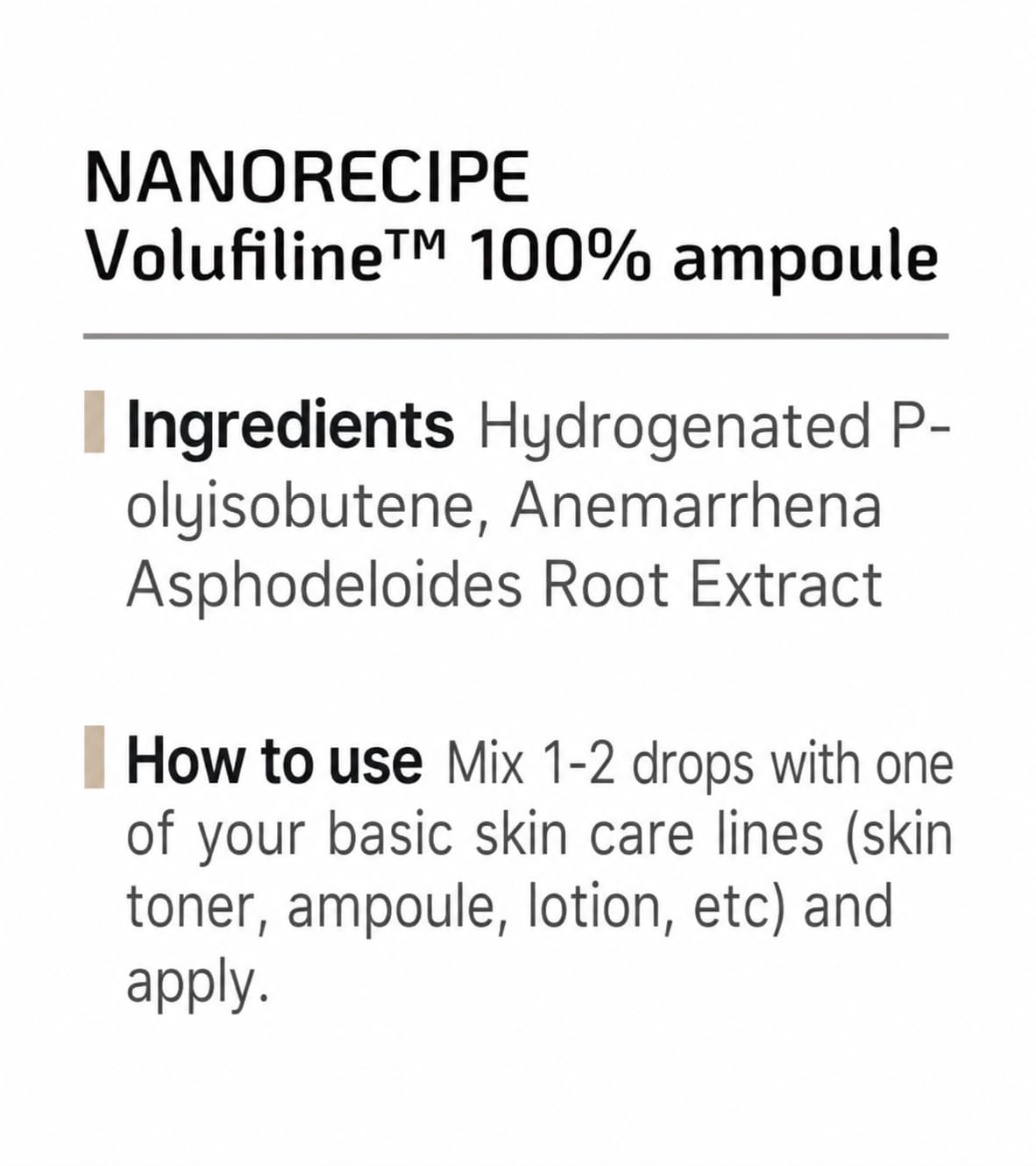 Nano Recipe label detail displaying Sederma Volufiline origin and ingredient transparency