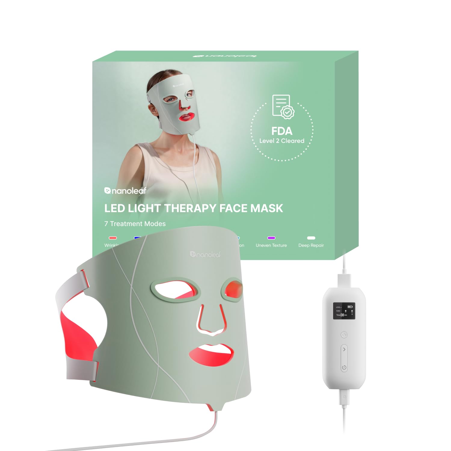 Nanoleaf front view of mask showing full-face coverage and balanced illumination benefits