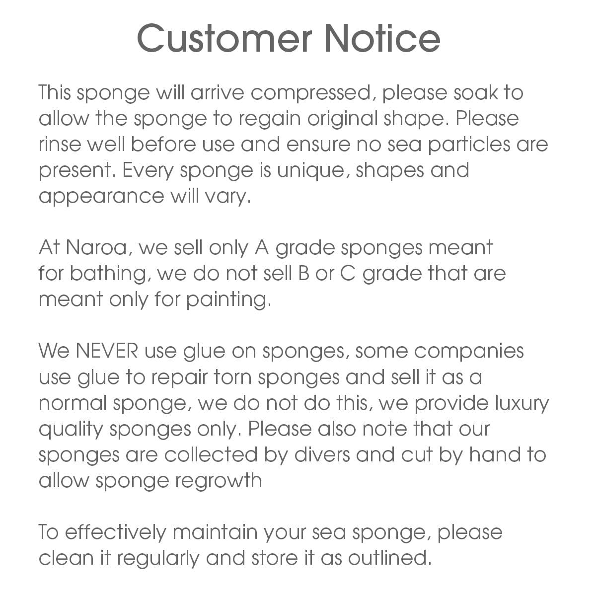 Detailed label and unbleached root of Naroa sponge, shows sustainable sourcing