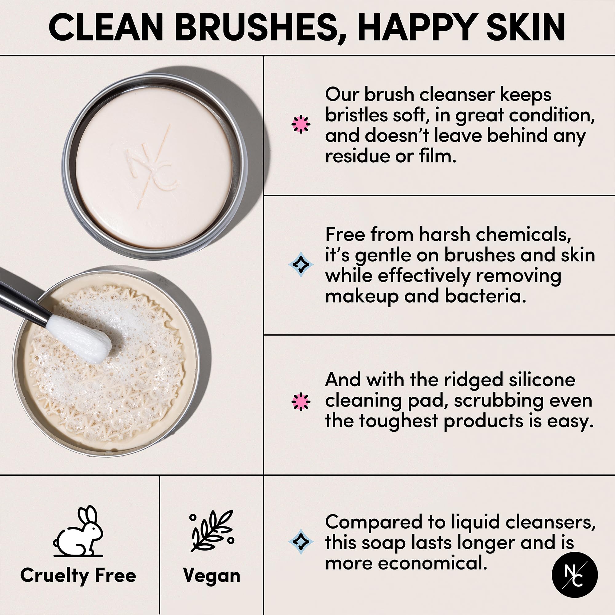 Narrative Cosmetics brush cleaning in action with wet bristles, quick removal of powder benefit