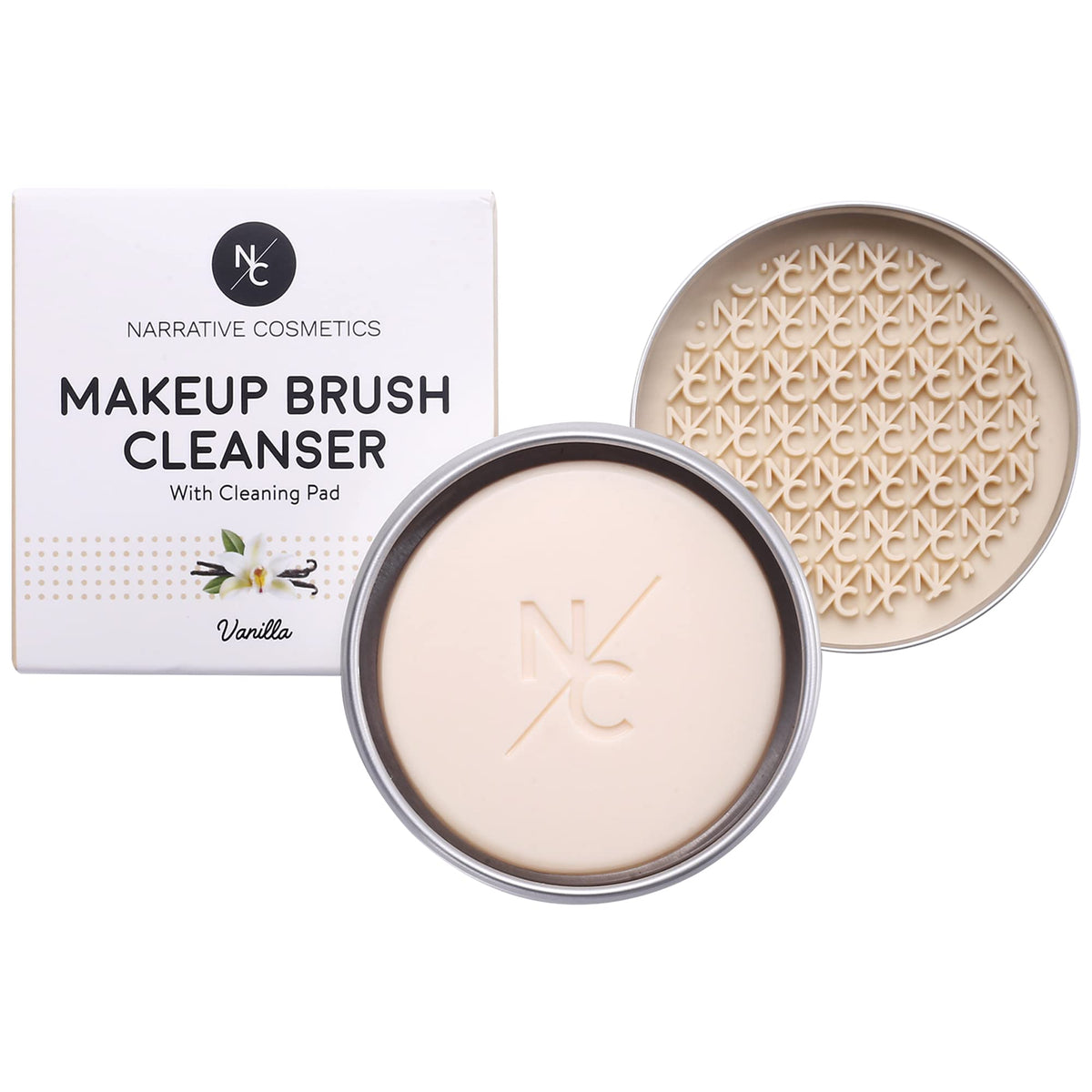 Narrative Cosmetics tin front showing compact cleanser and silicone pad, easy storage benefit