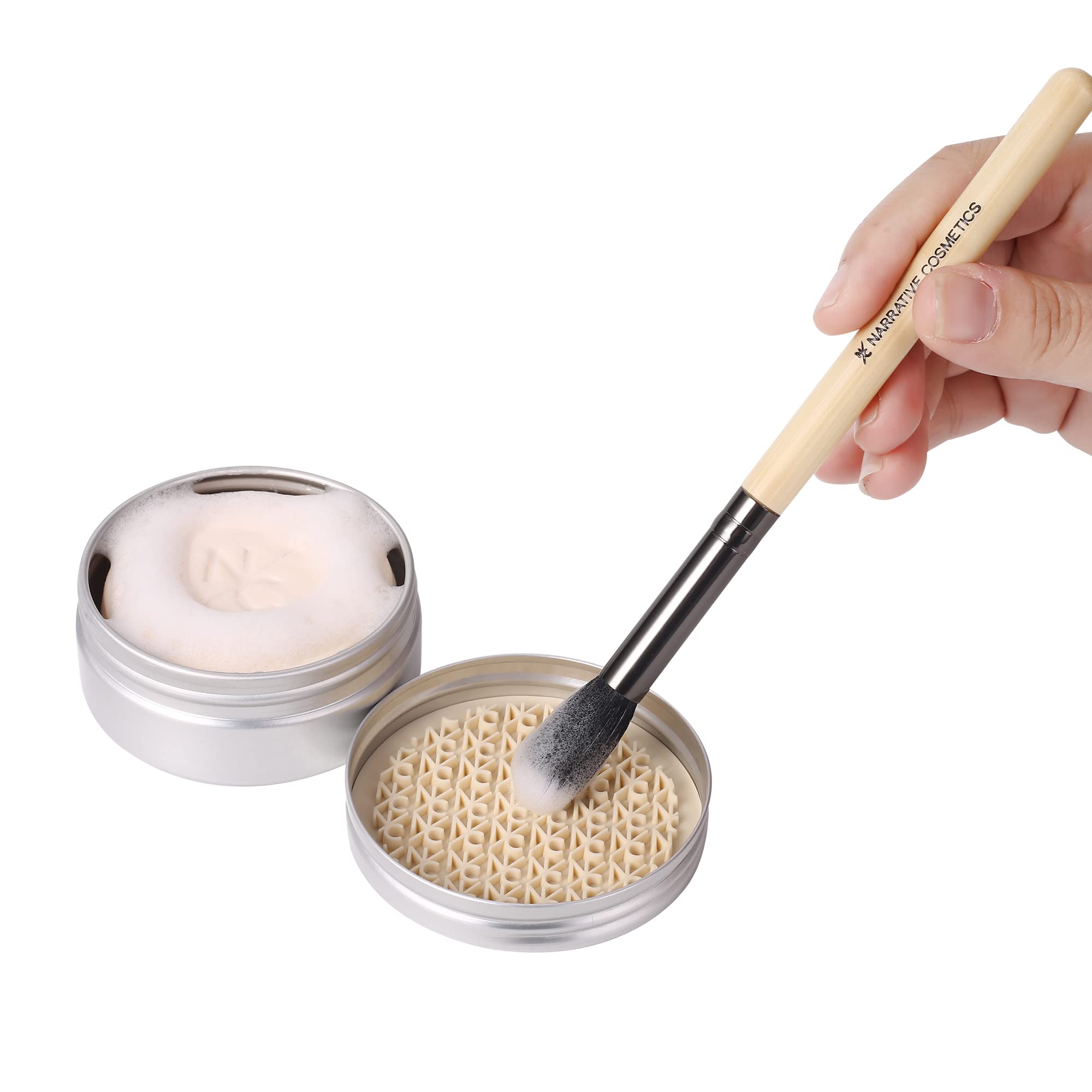Narrative Cosmetics travel-ready lifestyle tin packed in makeup bag, ideal for on-the-go benefit