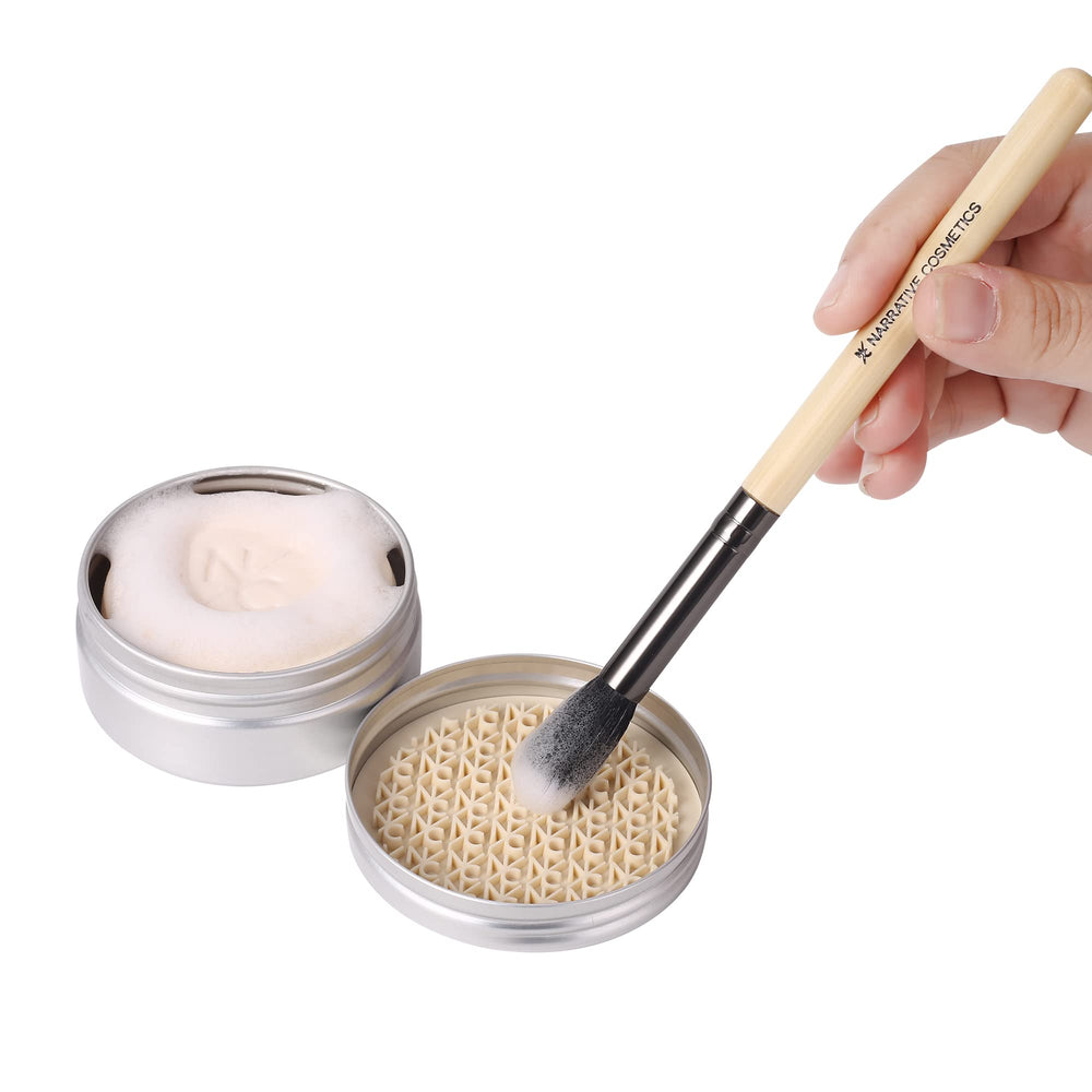 Narrative Cosmetics travel-ready lifestyle tin packed in makeup bag, ideal for on-the-go benefit