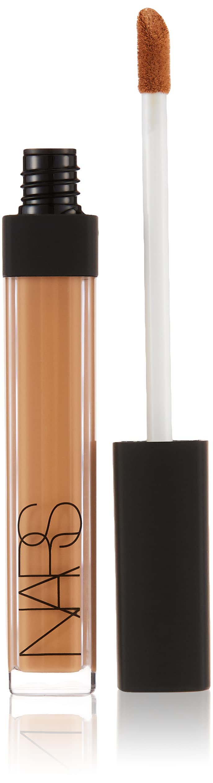 NARS tube front view showing Caramel shade and compact travel size benefit