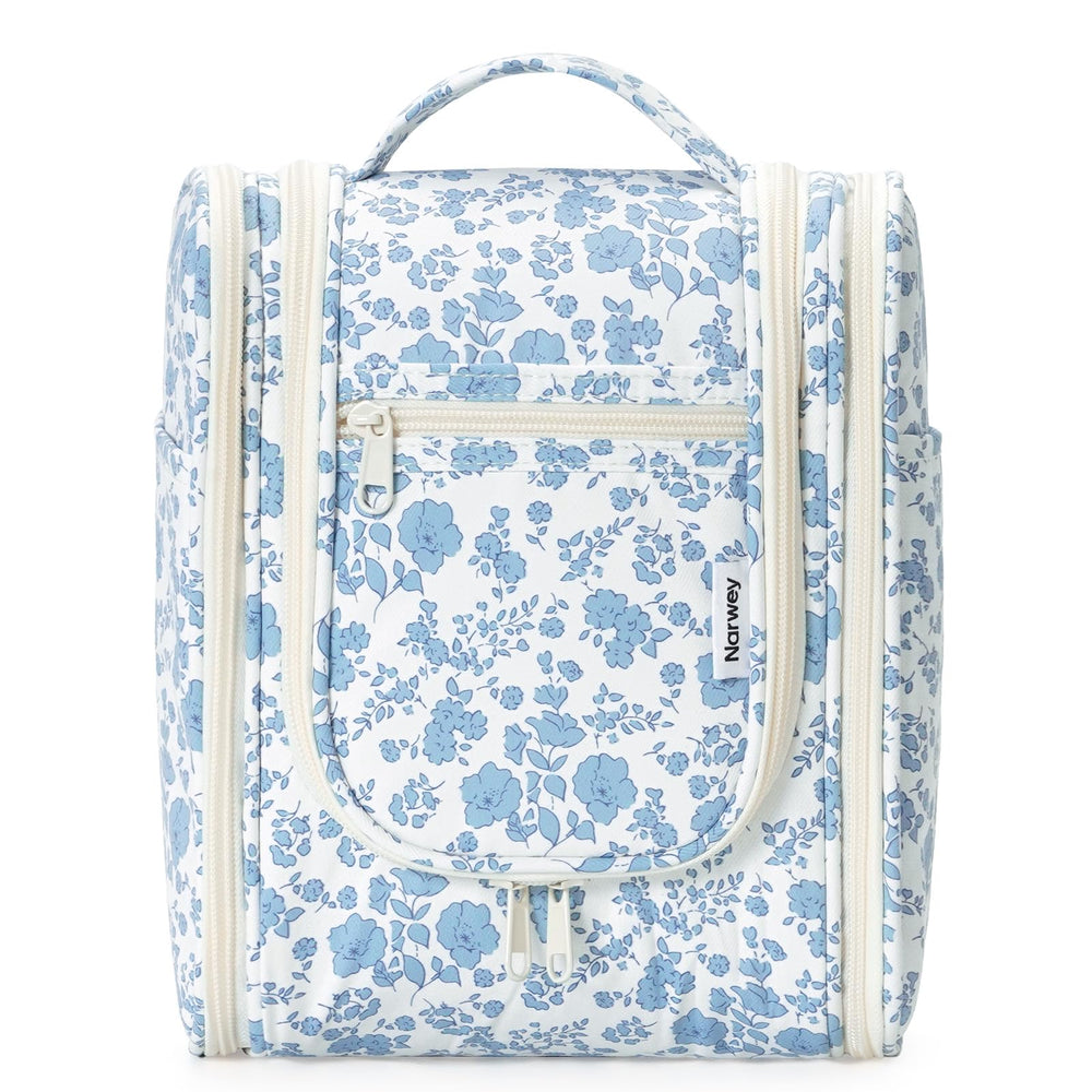 Narwey front view of hanging toiletry bag showing organized compartments and portability