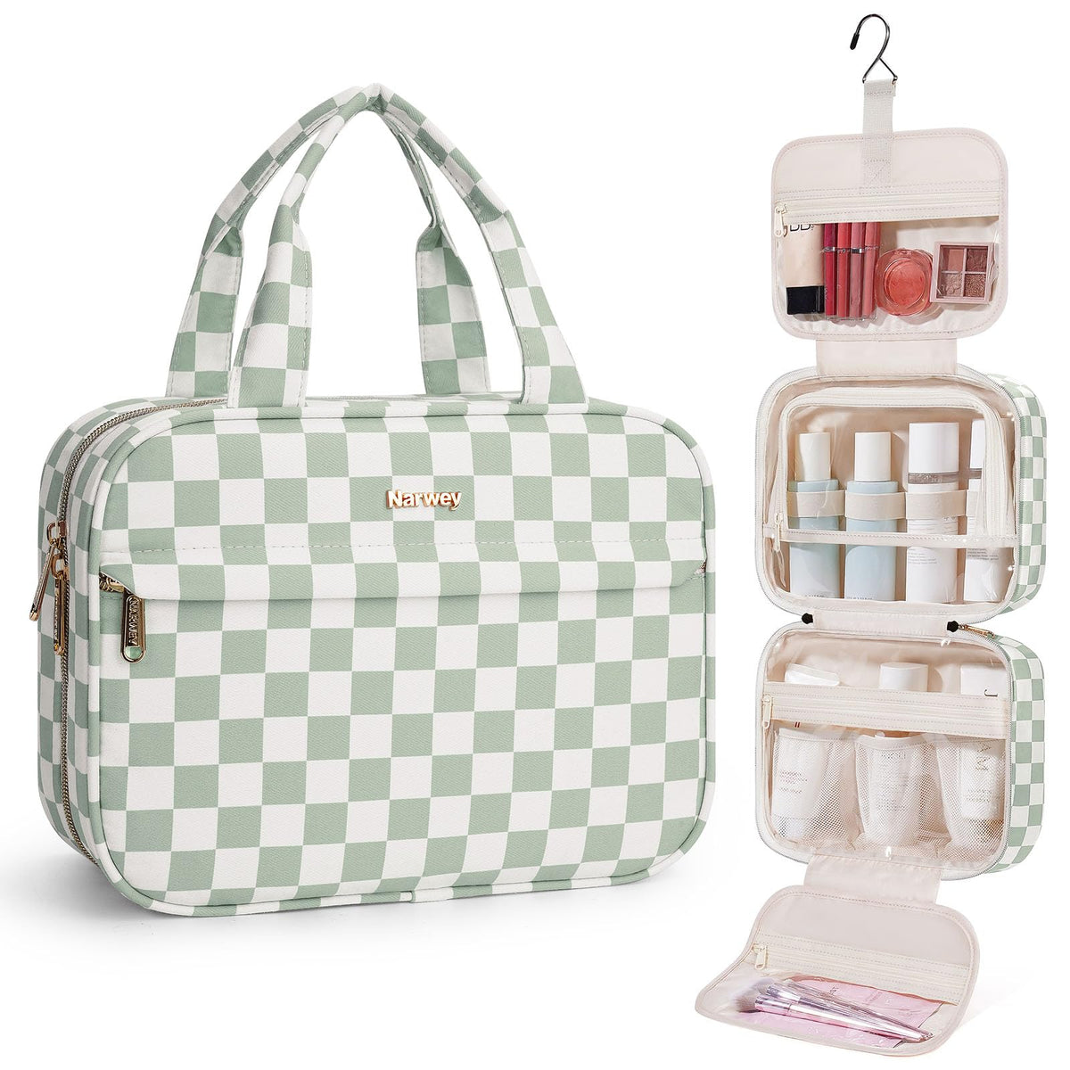 Narwey front view of toiletry bag showing compact shape and carry handle benefit
