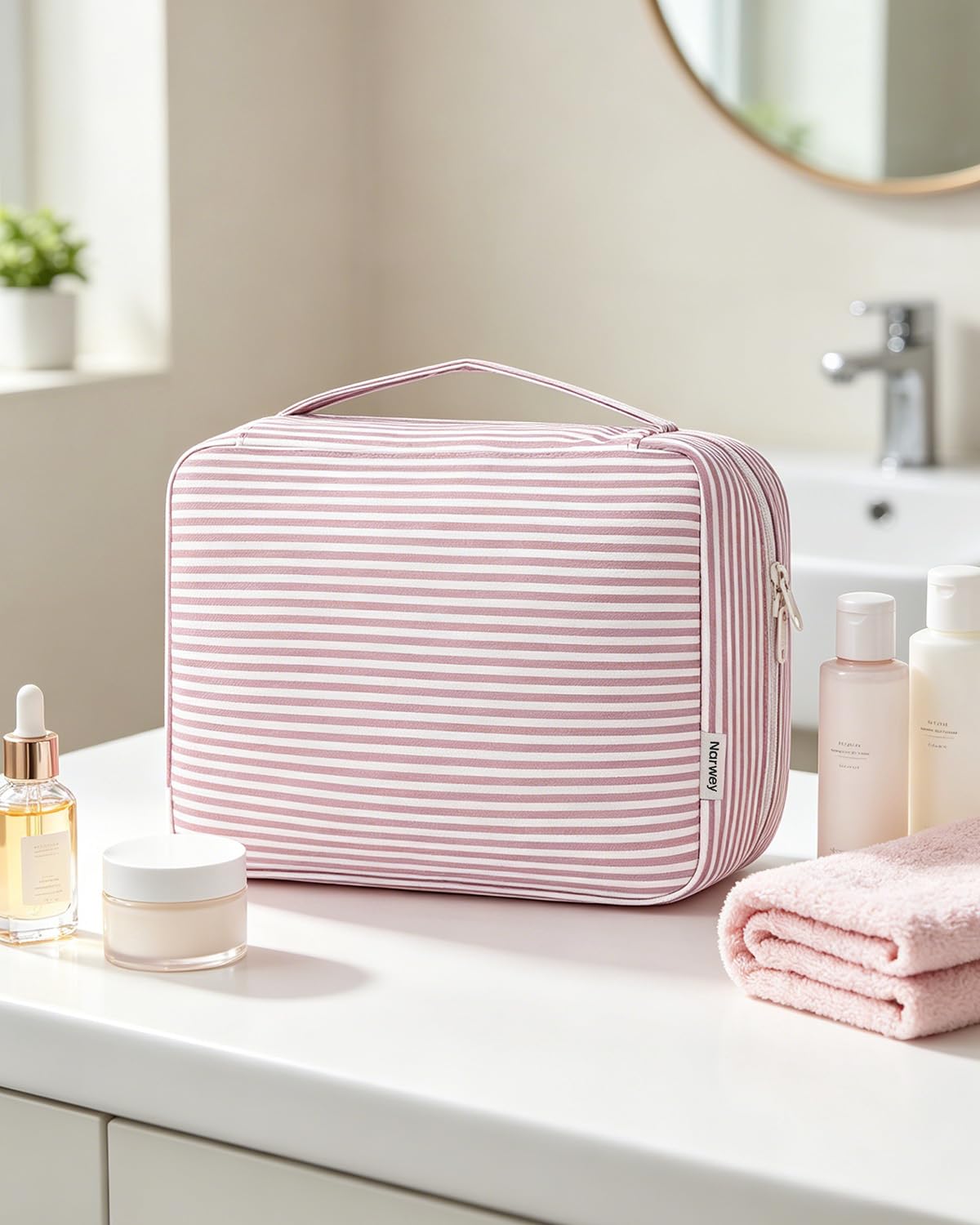 Narwey lifestyle scene on bathroom counter showing travel-ready convenience