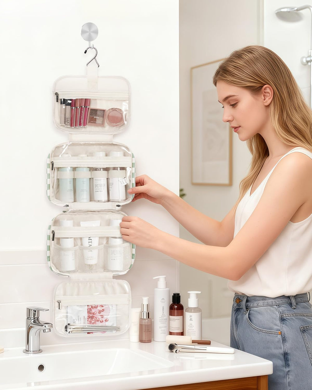Narwey on bathroom counter in use shows tidy display and fast morning routines