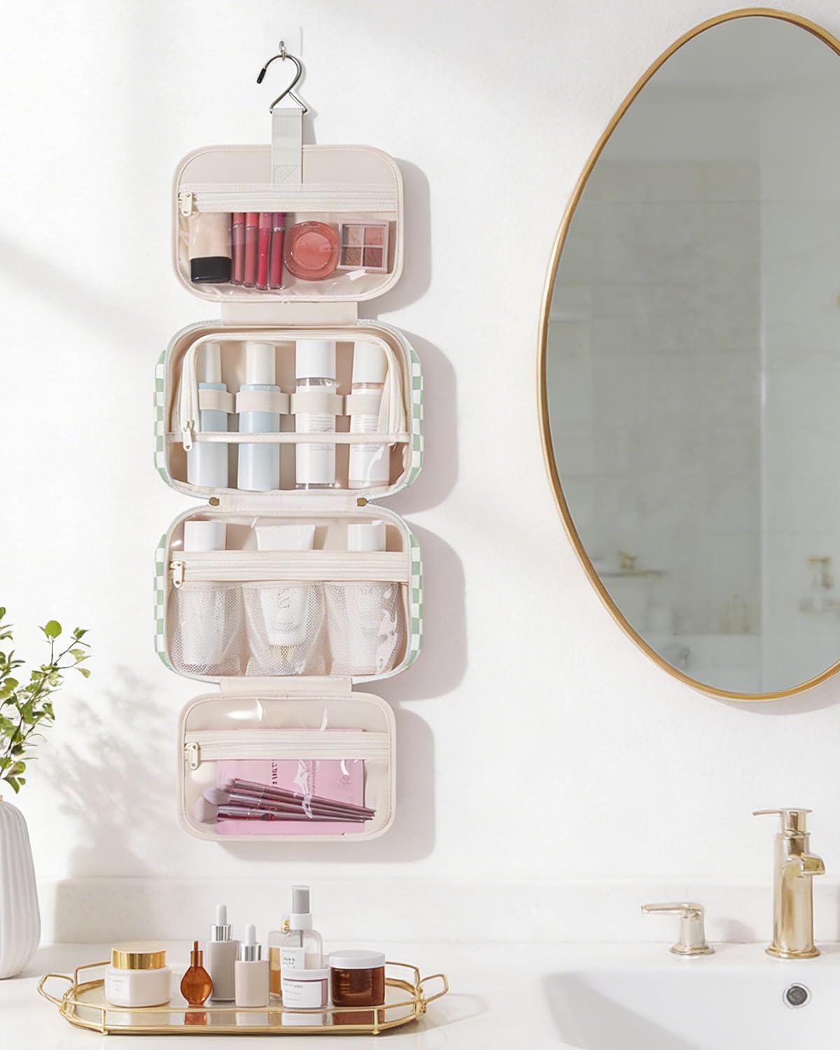 Narwey hung in a hotel bathroom showing convenient hands-free access benefit