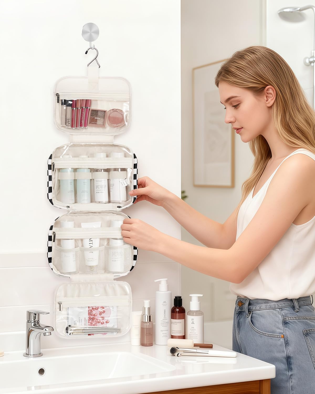 Narwey in a hotel bathroom hanging and organized for quick morning routine