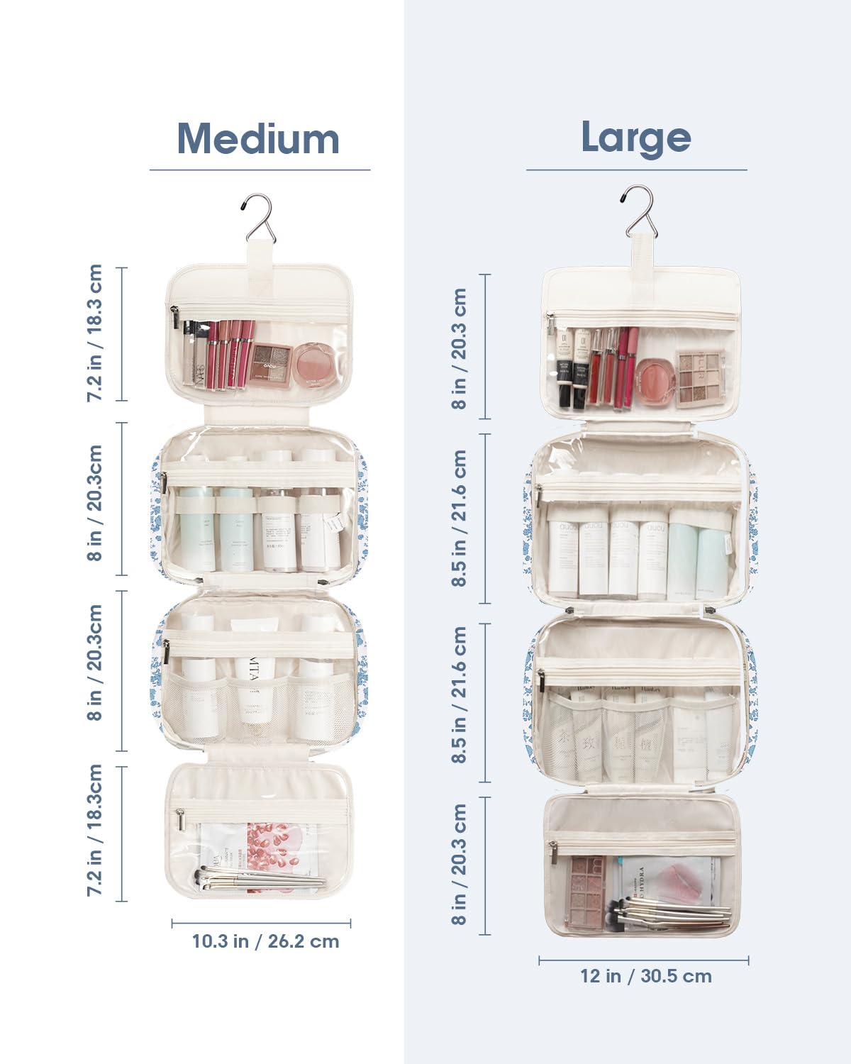 Narwey mesh pocket and elastic band detail securing bottles and brushes upright
