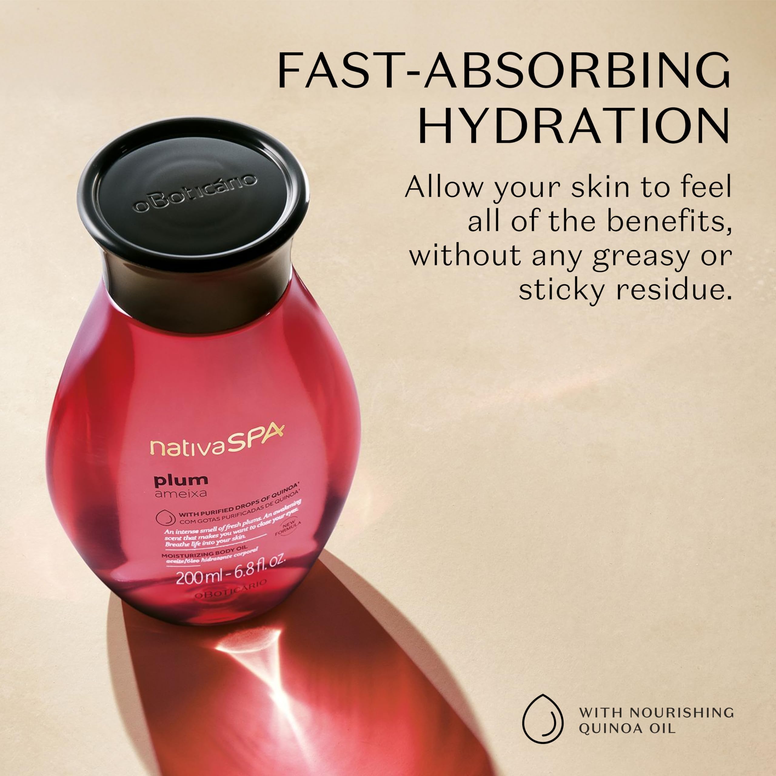NATIVA SPA O BOTICÁRIO oil drop close-up showing silky texture benefit: fast absorption