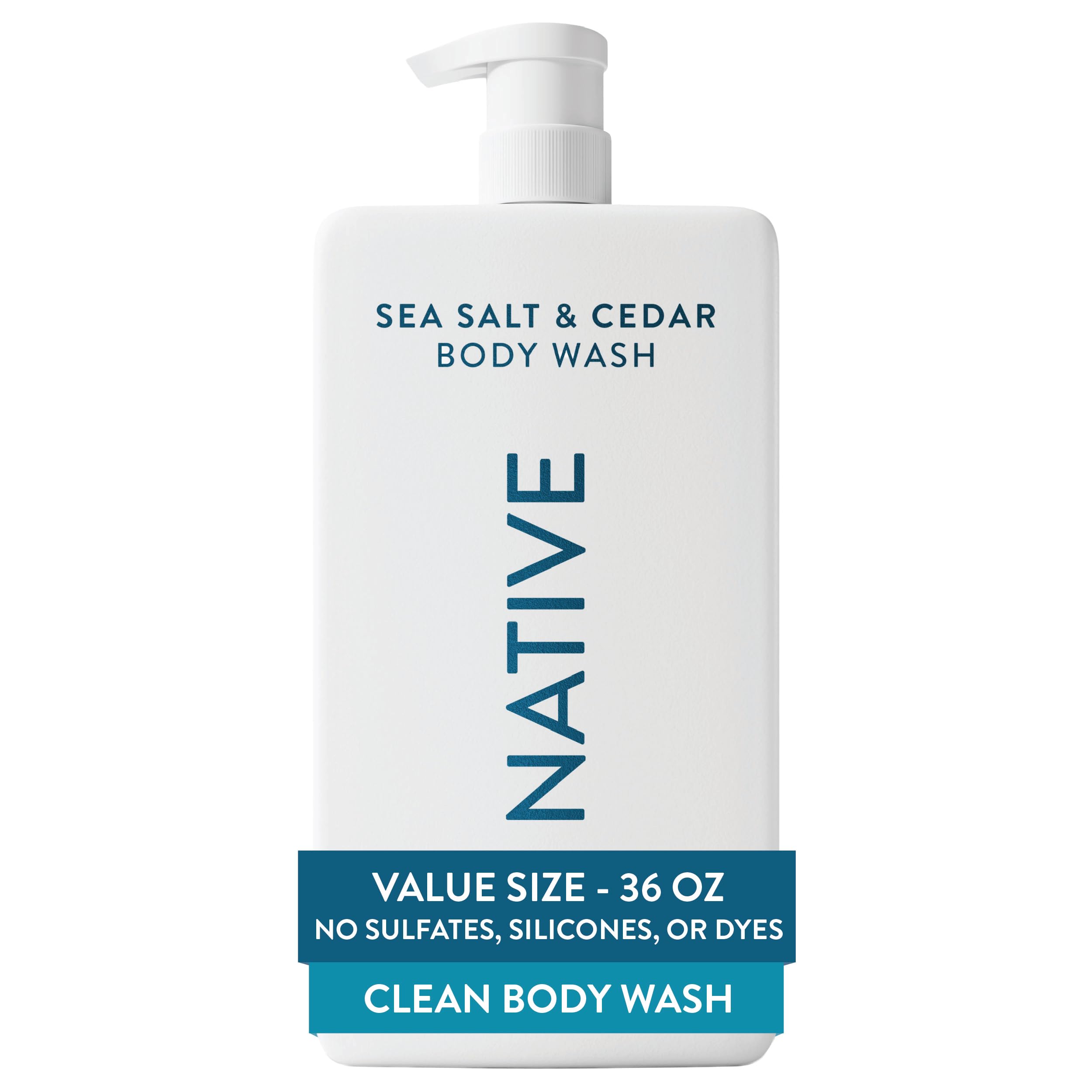 Native 36 oz pump bottle front view showing pump and label, convenient refill benefit