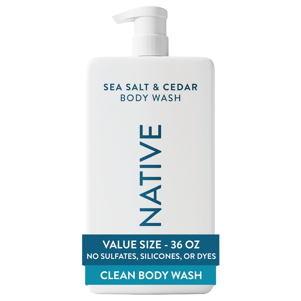 Native 36 oz pump bottle front view showing pump and label, convenient refill benefit