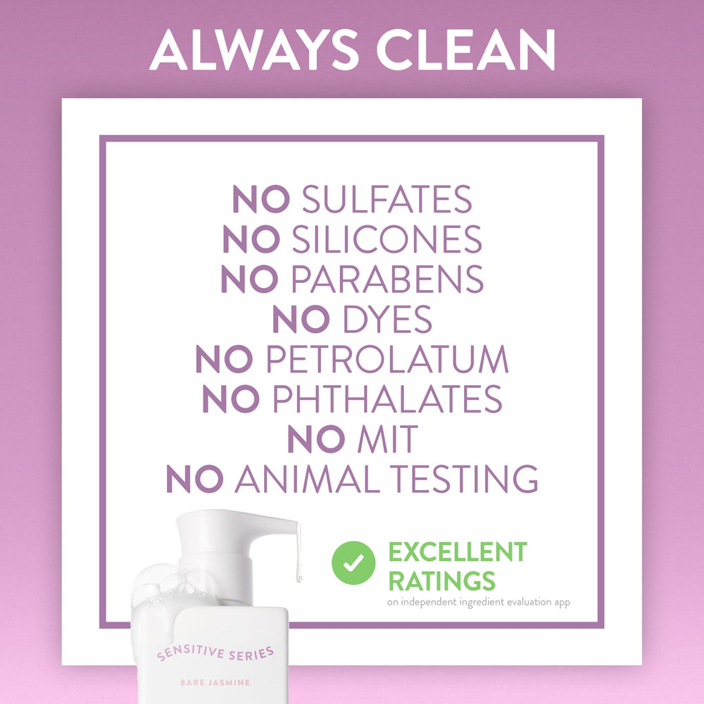 Native back label close-up listing excluded irritants for transparent ingredients