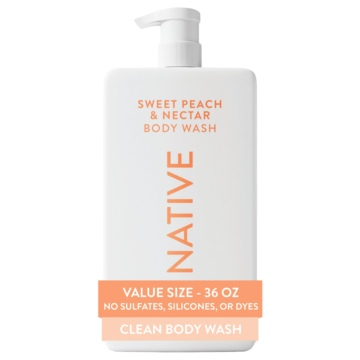 Native front packaging of 36 oz body wash showing size and scent, easy refill benefit