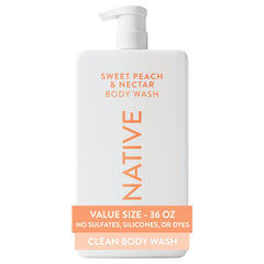 Native front packaging of 36 oz body wash showing size and scent, easy refill benefit