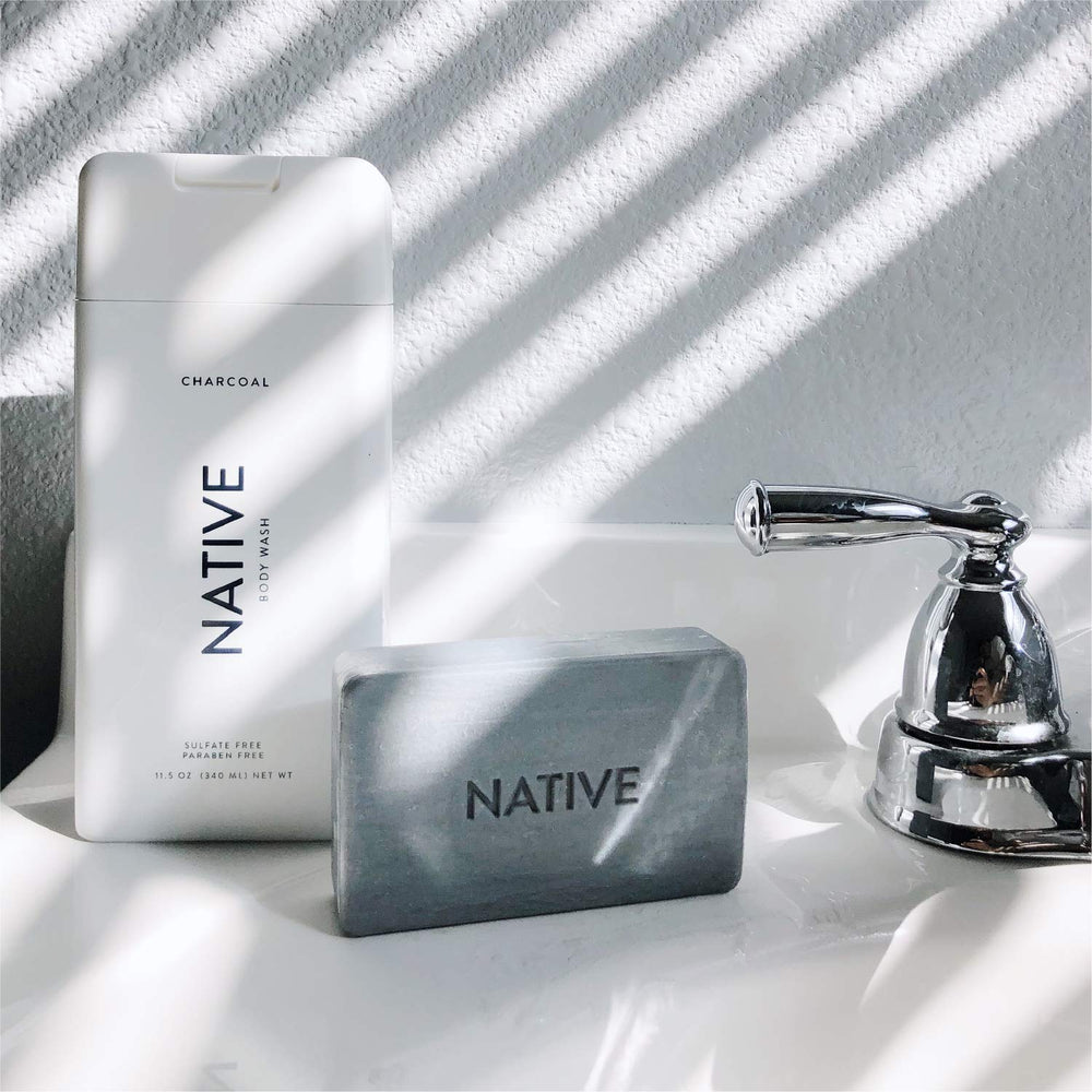 Native bottles styled in bathroom lifestyle setting conveying calm routine