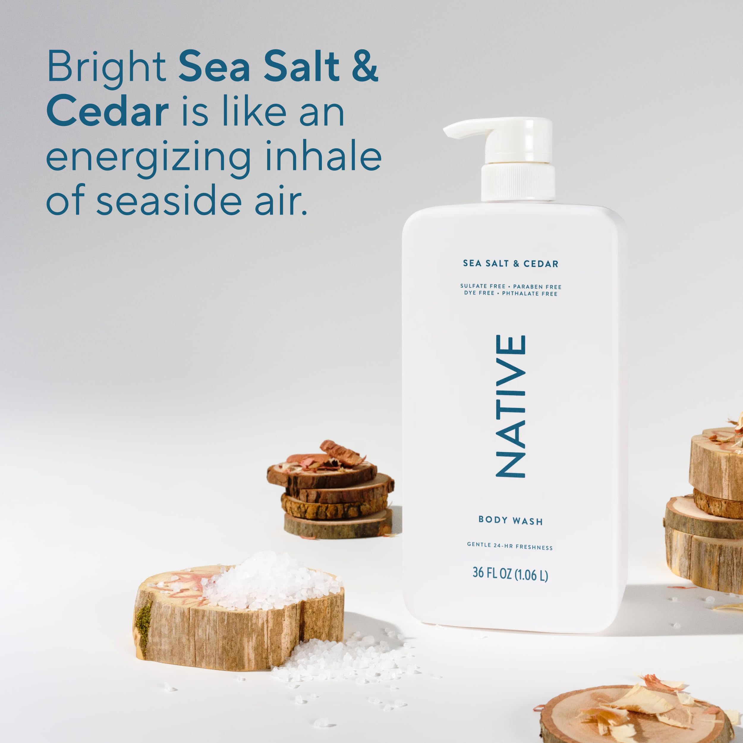 Native bottle placed on shower shelf, illustrating stable fit and ready access