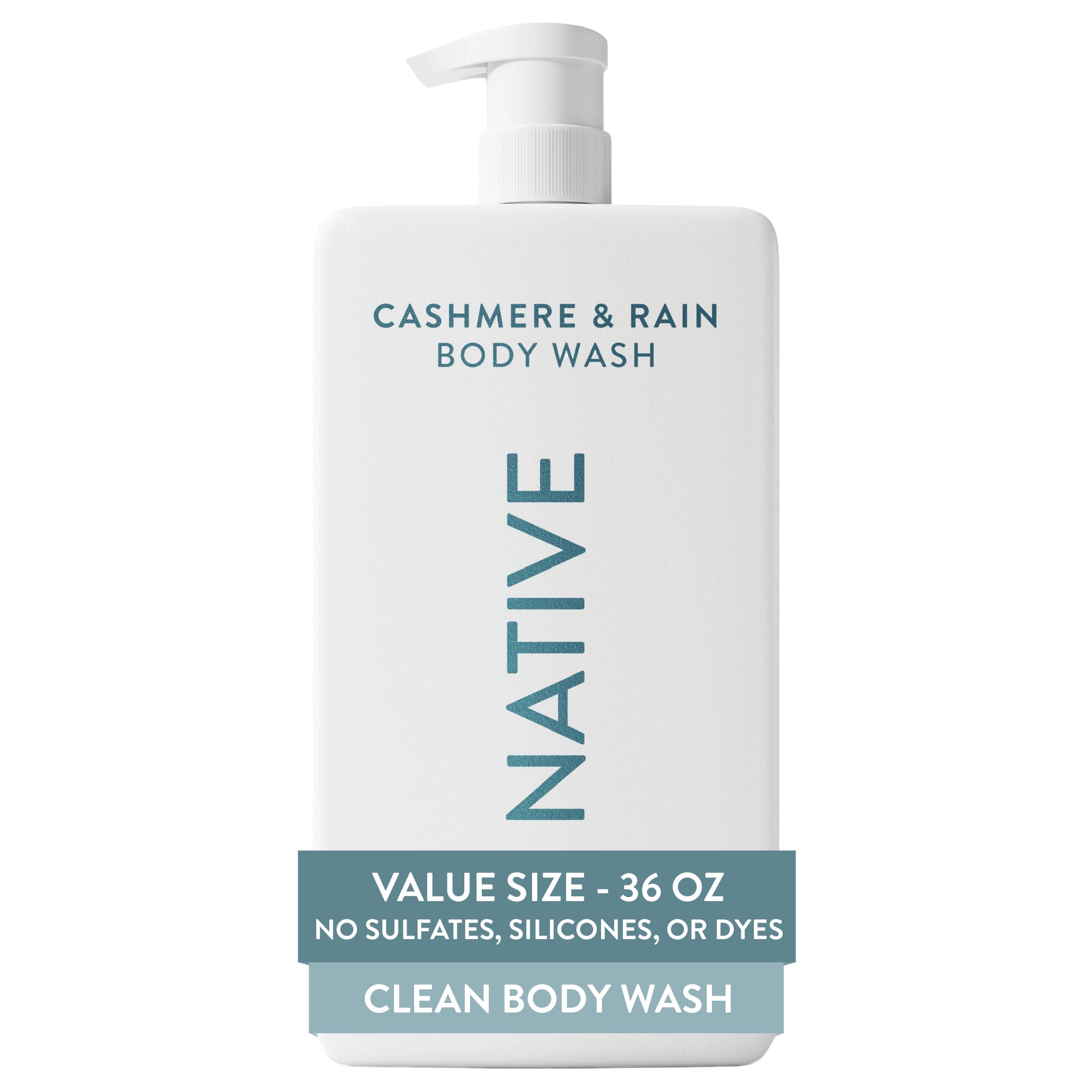 Native front-shot of 36oz pump bottle showing cashmere rain scent and easy dispensing