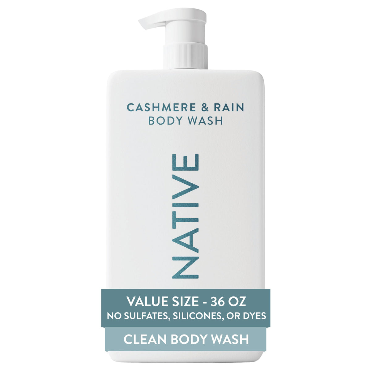 Native front-shot of 36oz pump bottle showing cashmere rain scent and easy dispensing