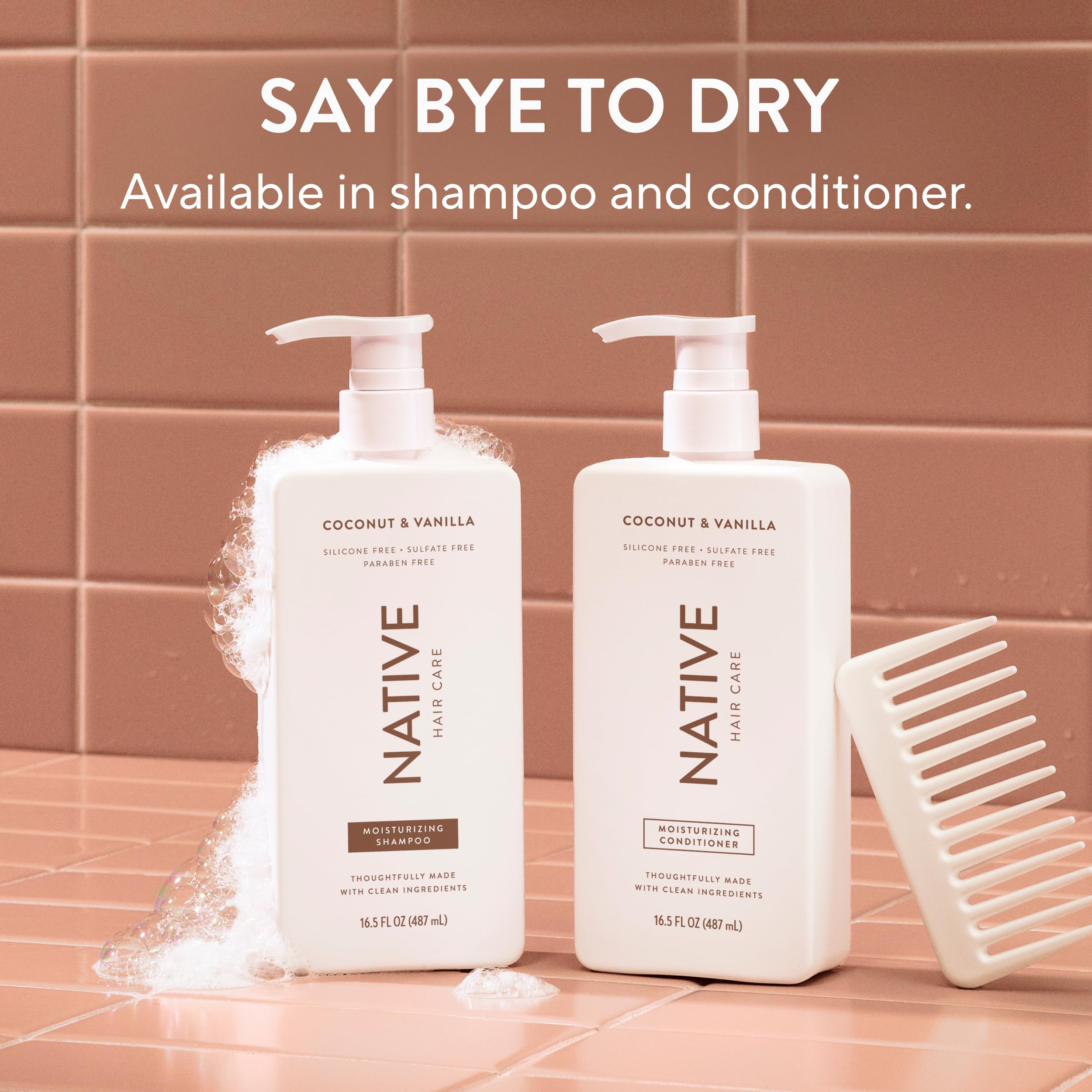 Coconut visuals beside bottles representing coconut-derived cleansers and moisture benefit