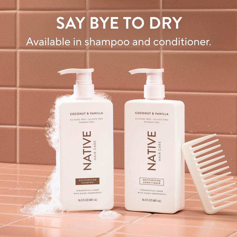 Coconut visuals beside bottles representing coconut-derived cleansers and moisture benefit