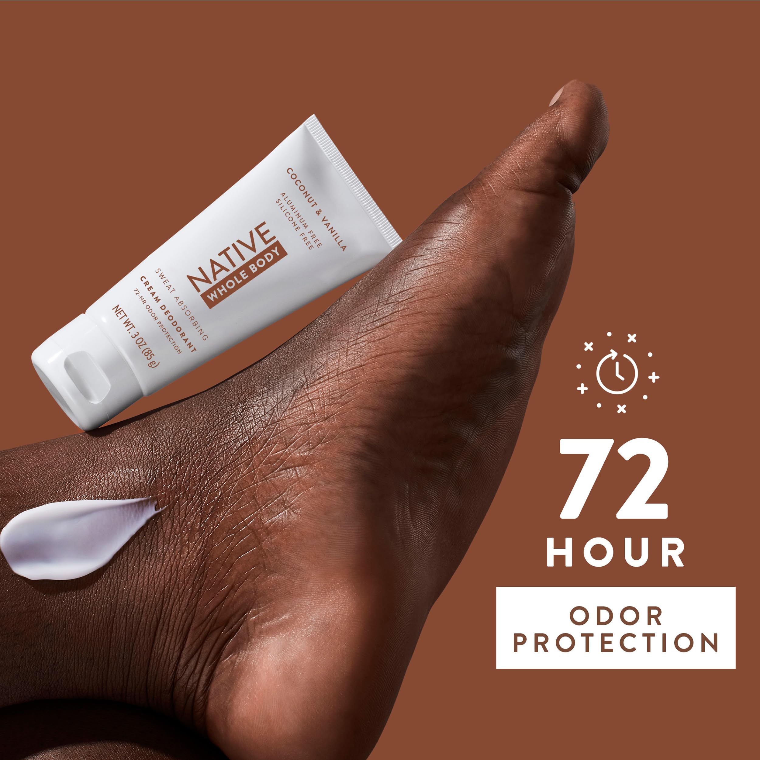 Native coconut & vanilla ingredients label showing naturally derived formulation benefit
