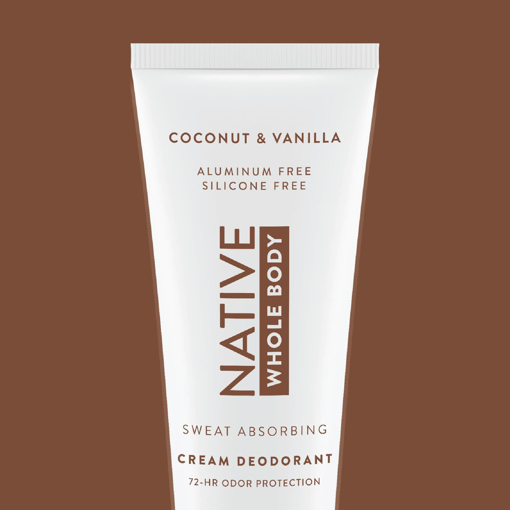 Native coconut & vanilla on a bathroom shelf in lifestyle setting for daily routine benefit