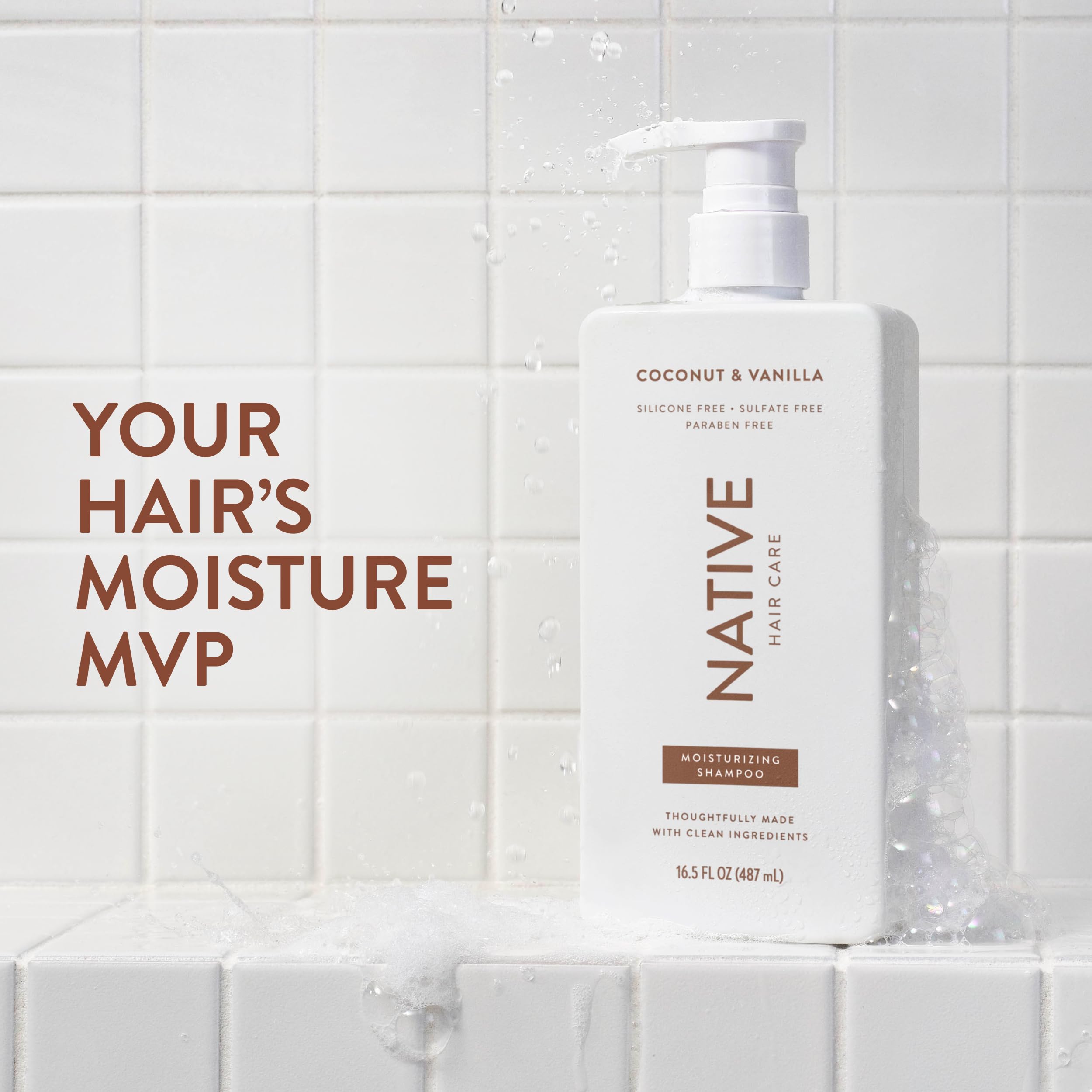 Native shampoo bottle closeup highlighting label and pump for easy dispensing benefit