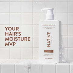 Native shampoo bottle closeup highlighting label and pump for easy dispensing benefit