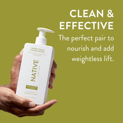 Native shampoo texture on hand demonstrating lathering ability and gentle cleanse benefit