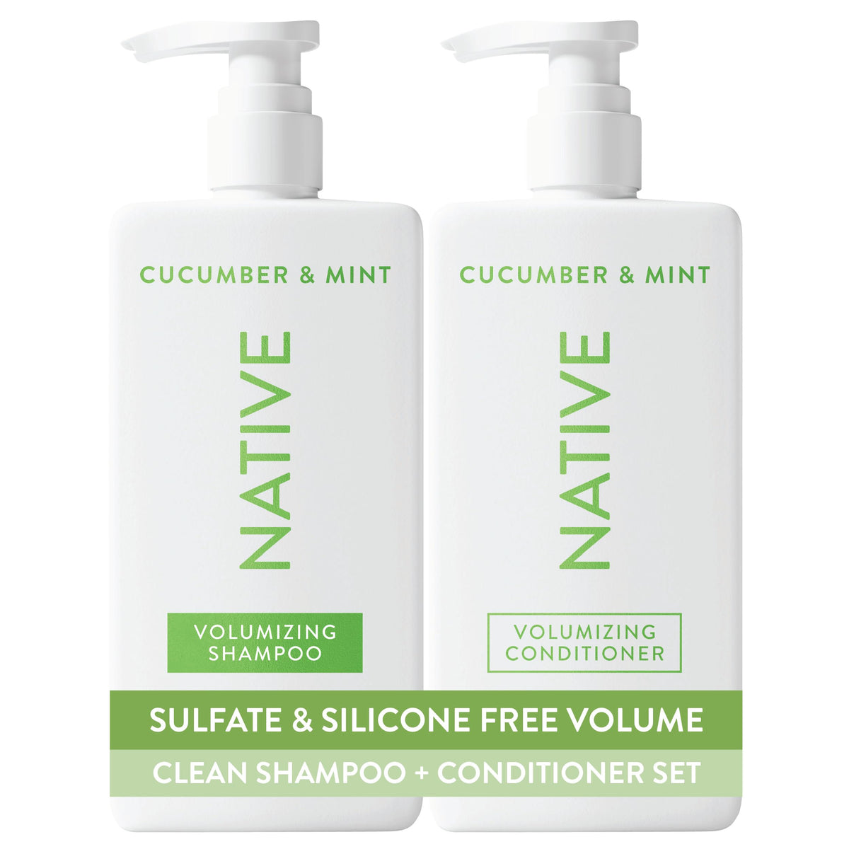 Native front packaging showing both cucumber mint bottles and benefit of volume