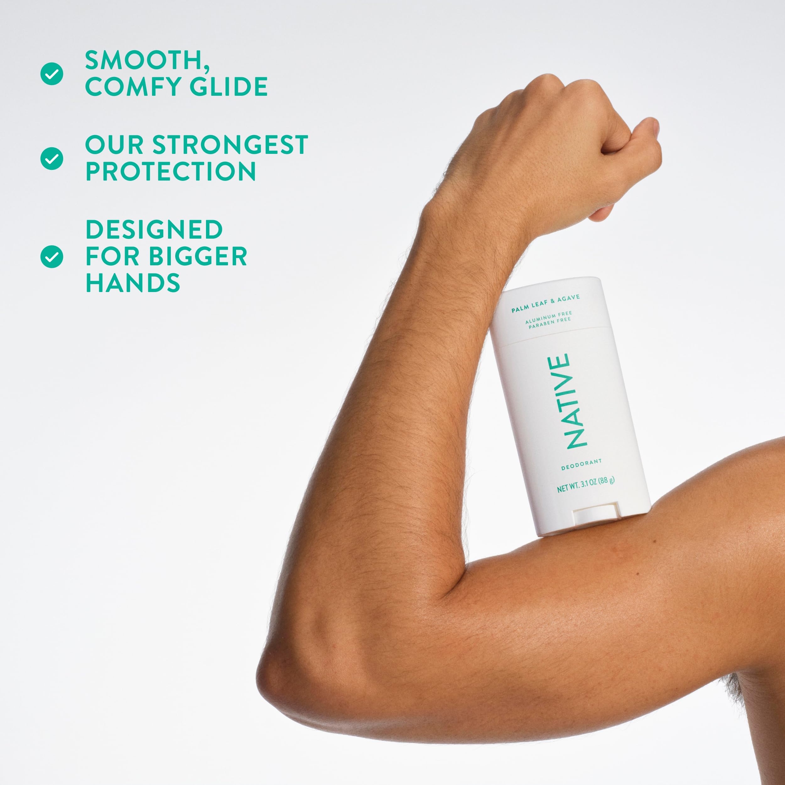 Fresh agave and palm leaf elements beside Native stick showing natural derived ingredients