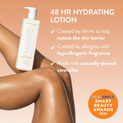 Native lotion pump dispensing creamy texture that absorbs quickly for lasting hydration
