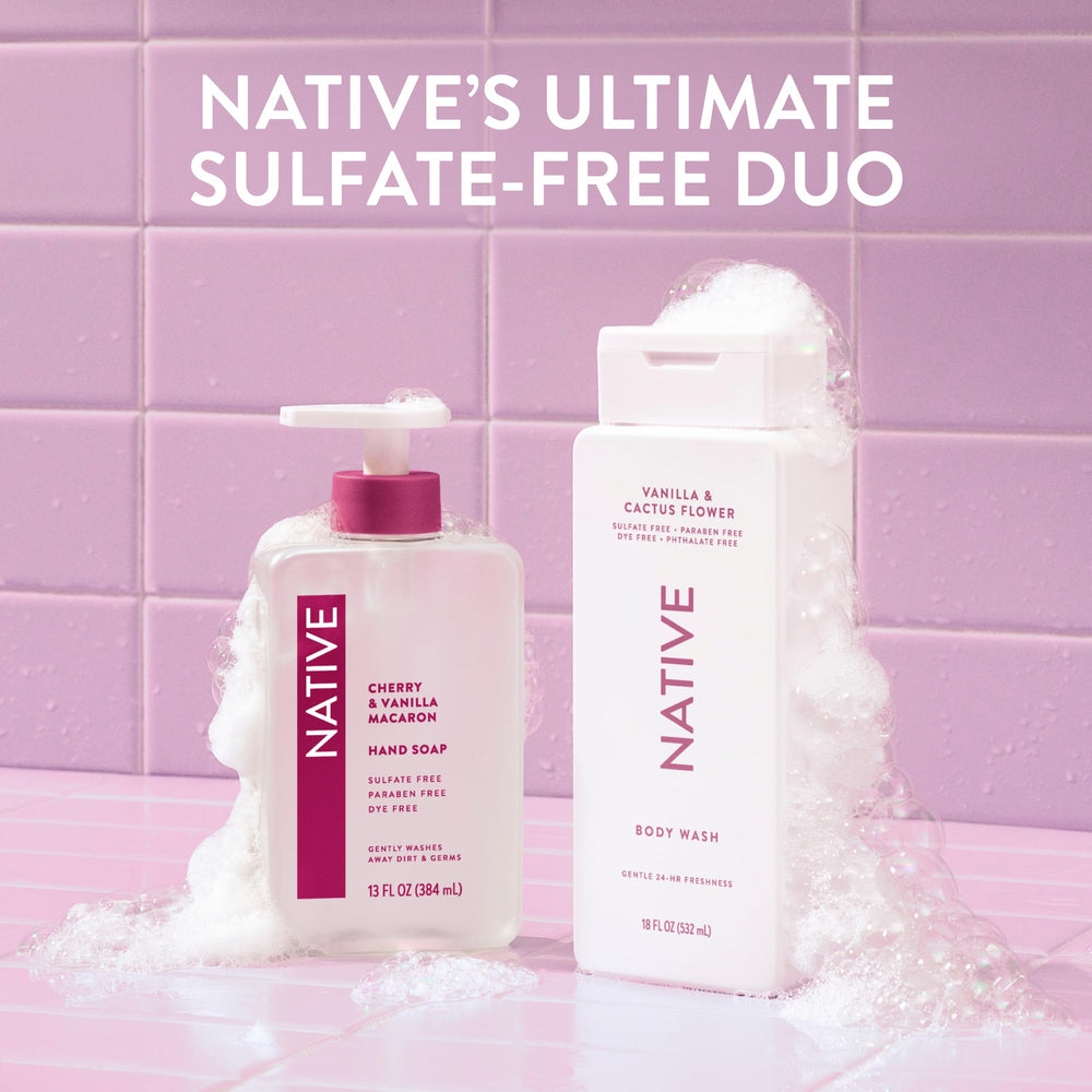 Pouring Native body wash onto loofah demonstrating rich foam