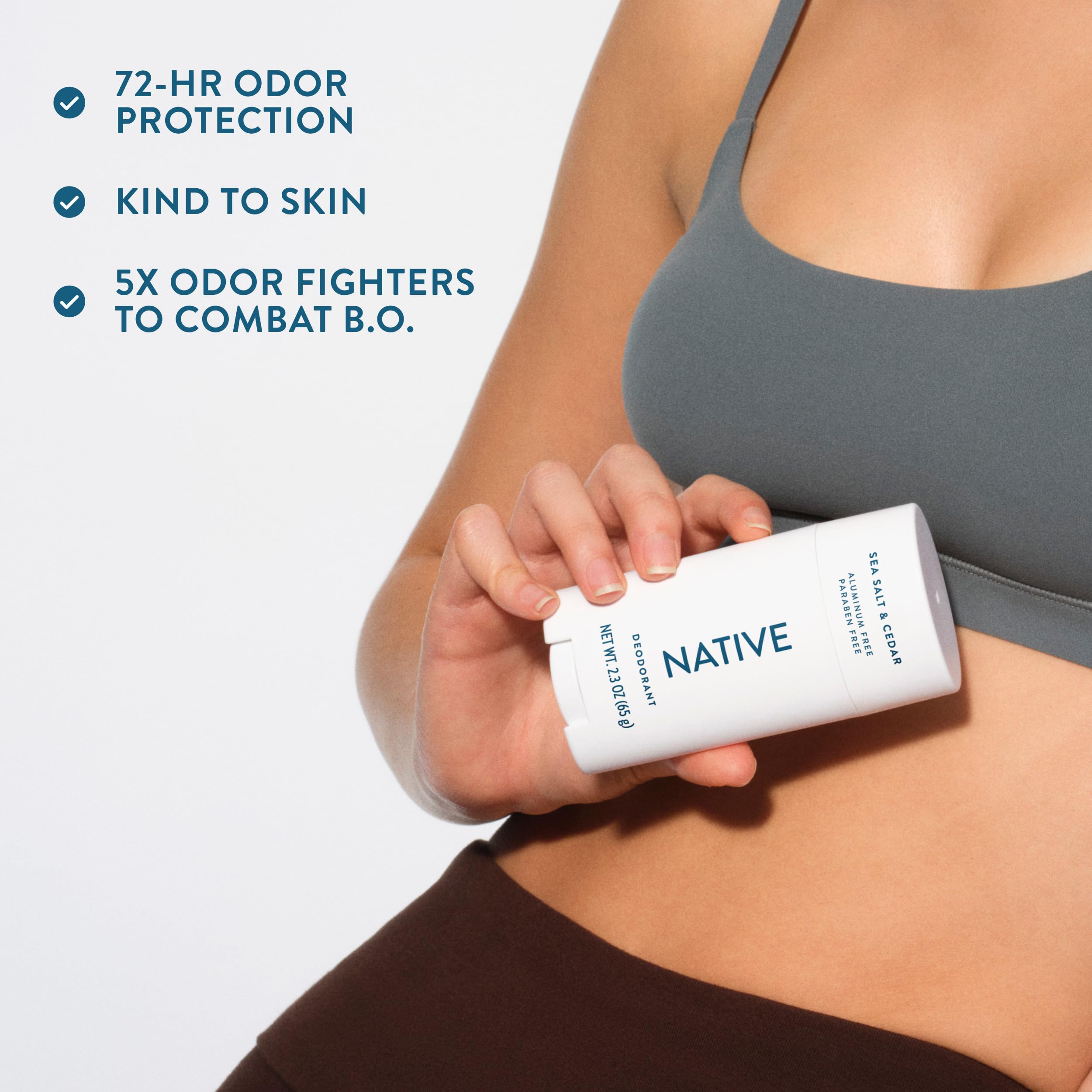 Native applying deodorant underarm demonstrating easy, residue-free wear
