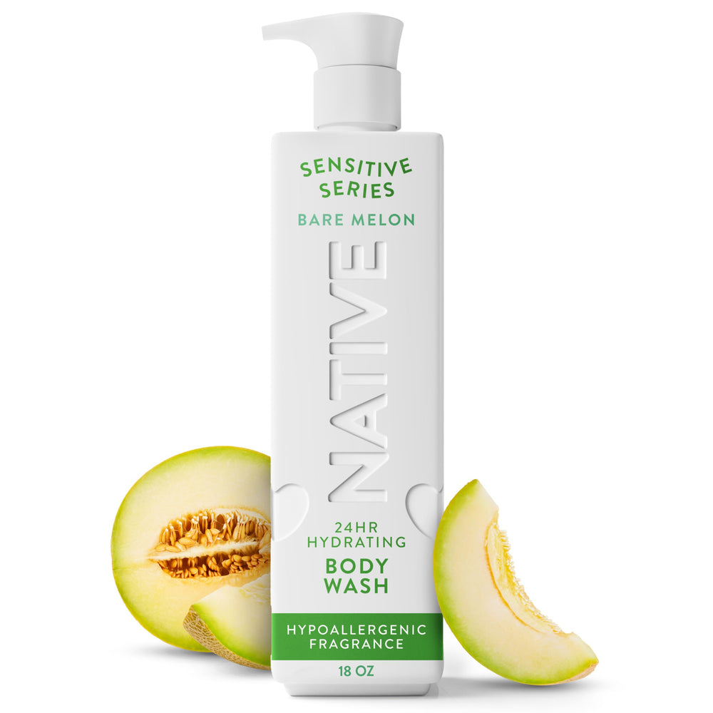 Native front bottle shot showing Bare Melon scent and gentle formula benefit